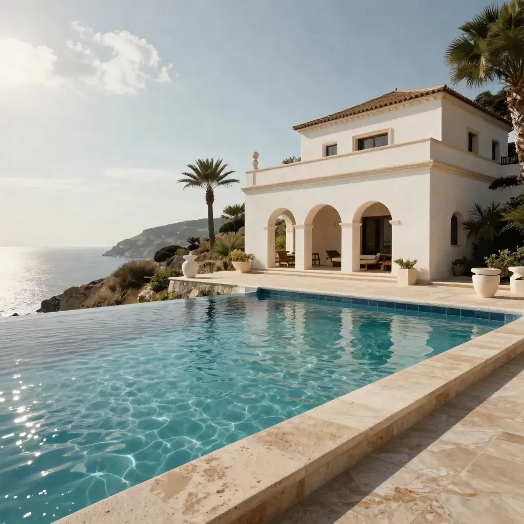Villa de caliza sobre un acantilado con piscina infinita, palmeras y mar al fondo.