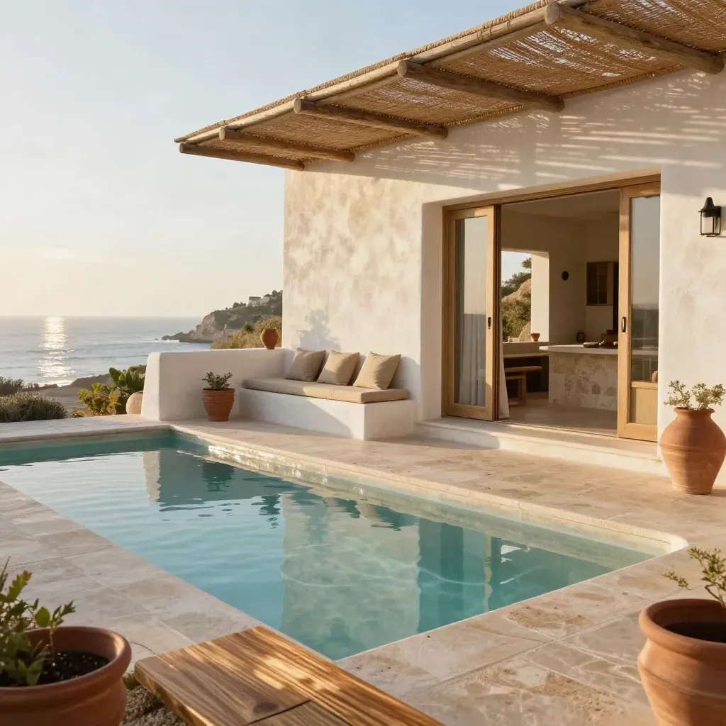 Patio reformado con piscina estrecha, muros blancos y pérgola de cañizo con luz de tarde.