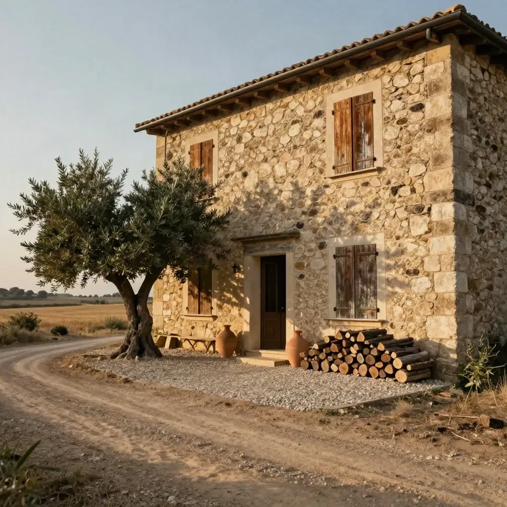 Casa rural de piedra con olivo, patio de grava y campos secos al atardecer.