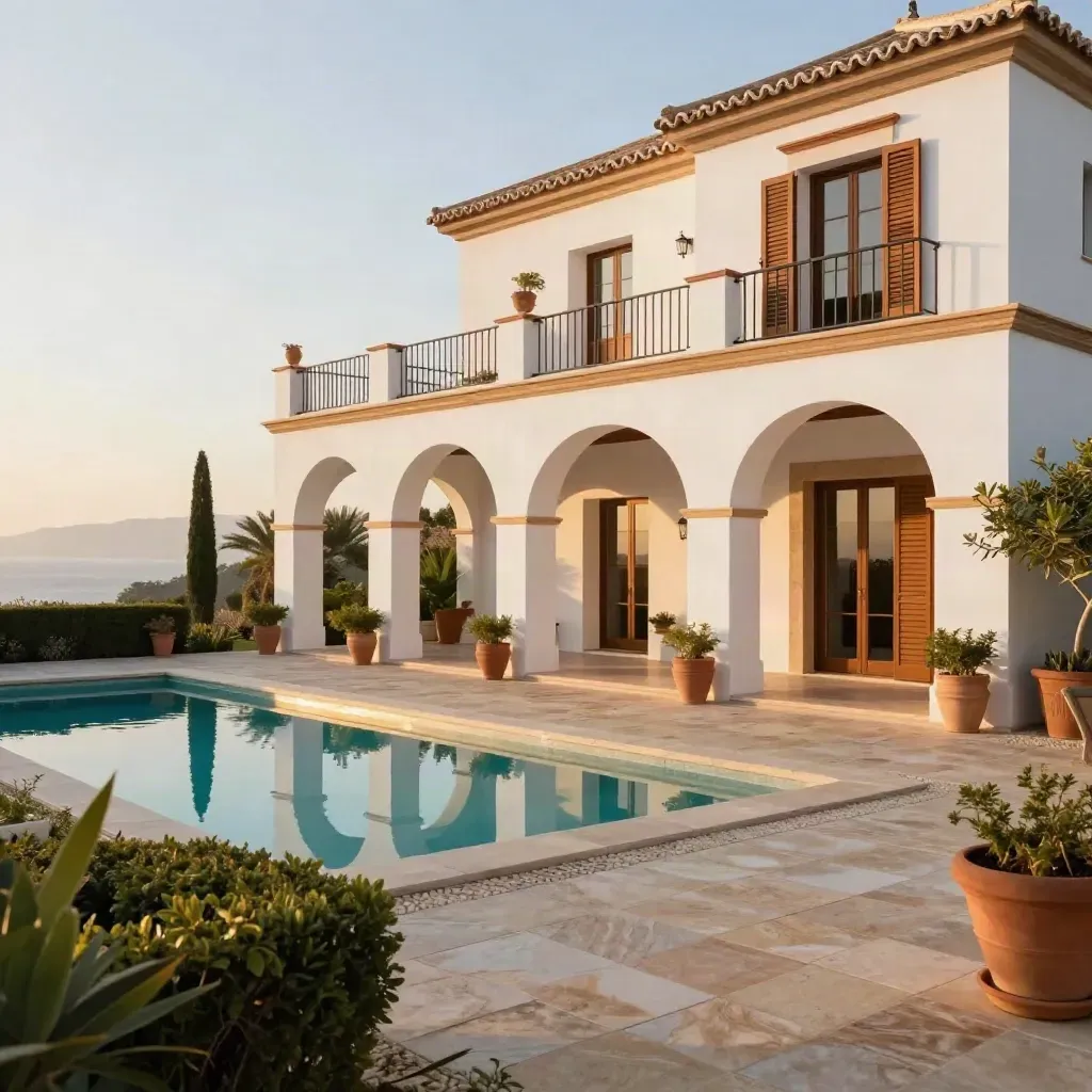 Villa blanca en Marbella con piscina, jardín recortado y luz dorada al atardecer.