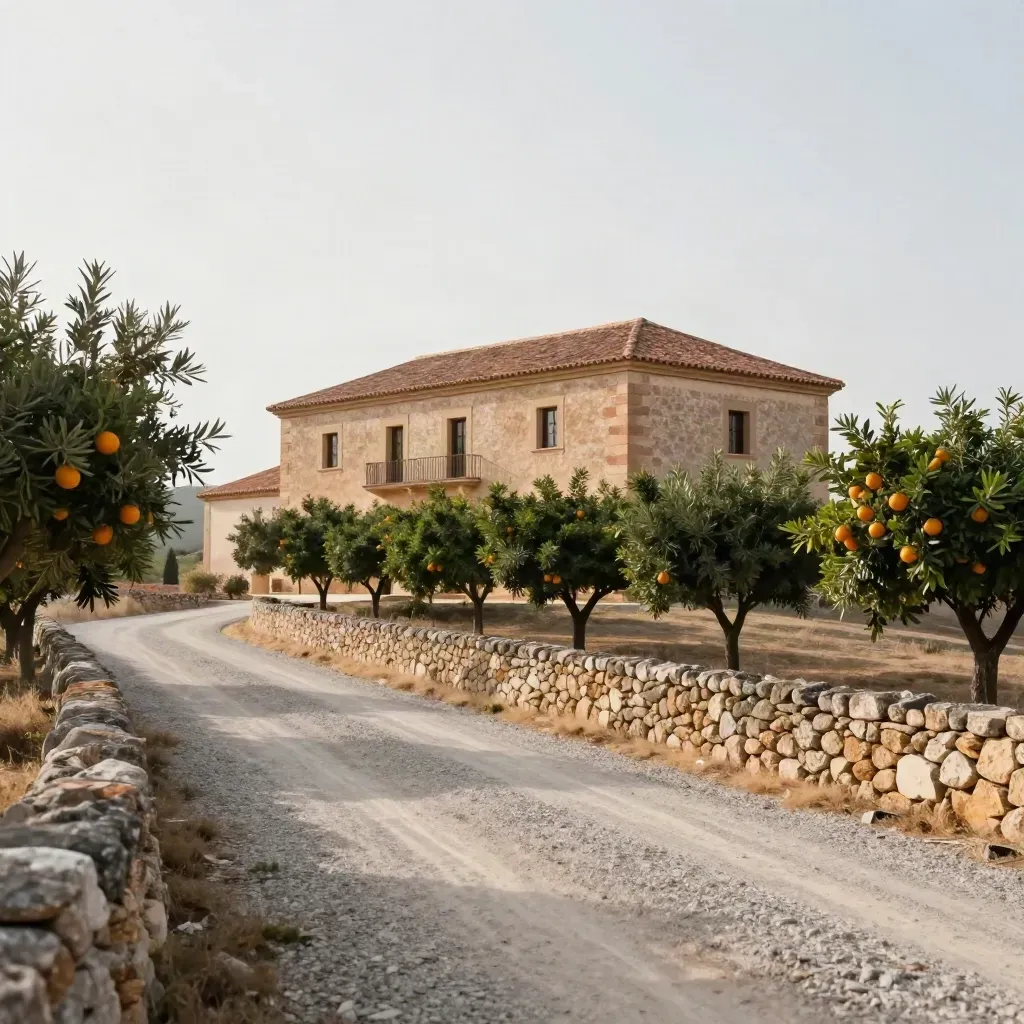 Casa de campo en Murcia al final de un camino de grava con naranjos y muro de piedra.