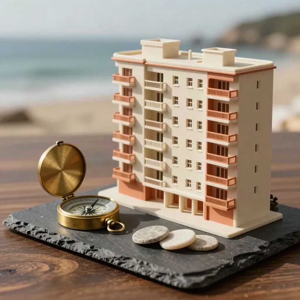 Maqueta de bloque frente al mar con brújula de latón y discos de piedra sobre pizarra.
