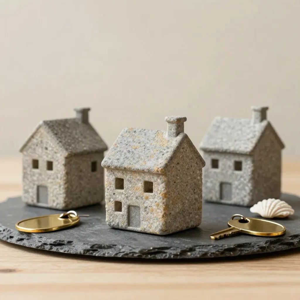 Maqueta de casas en piedra con fichas de llave y una concha sobre pizarra, luz suave.
