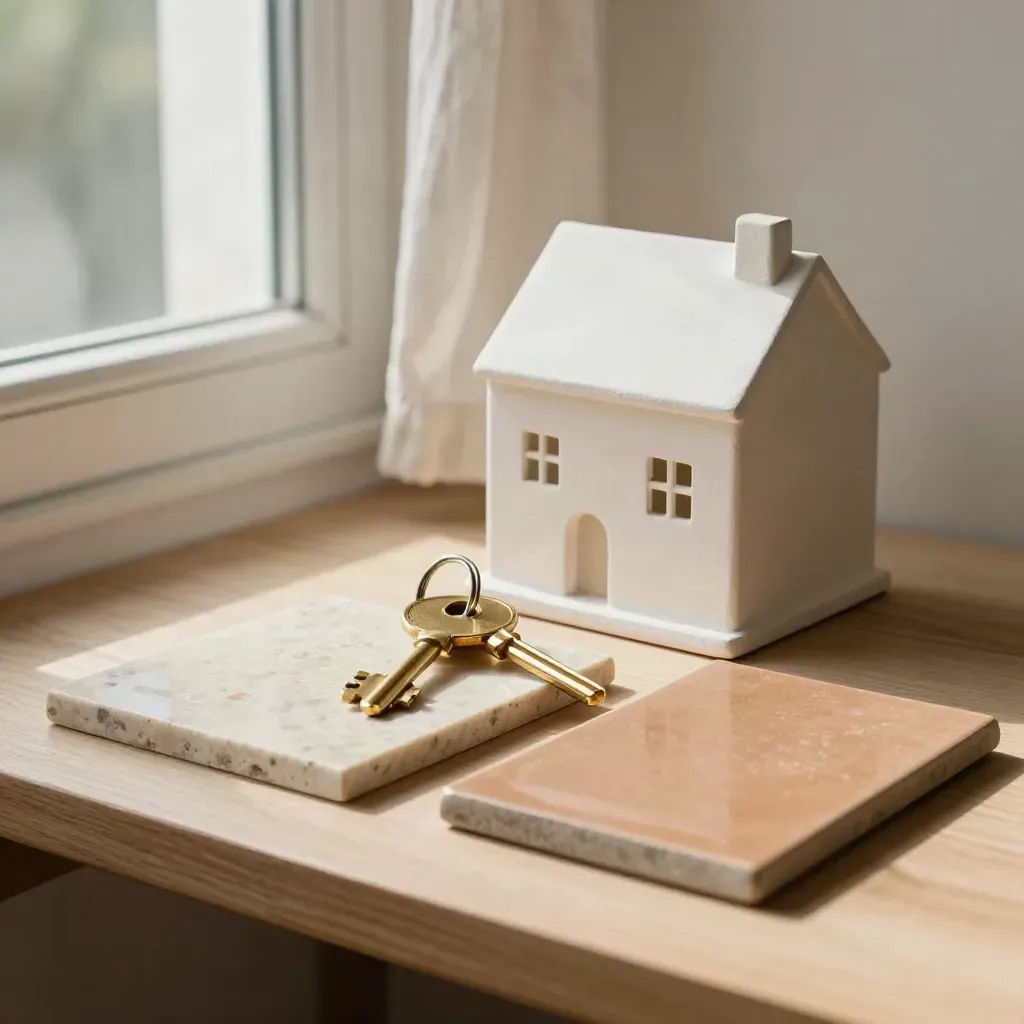 Llaves de latón y maqueta de casa junto a dos baldosas sobre banco de madera junto a una ventana.