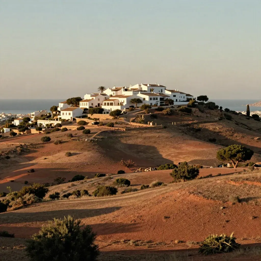 Colina blanca y litoral brillante de la Costa del Sol al atardecer, con calima dorada.