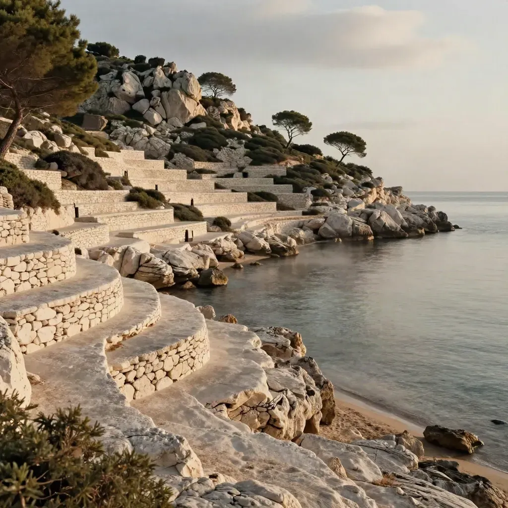 Cala balear con terrazas de piedra seca, pinos bajos y bruma salina al atardecer.