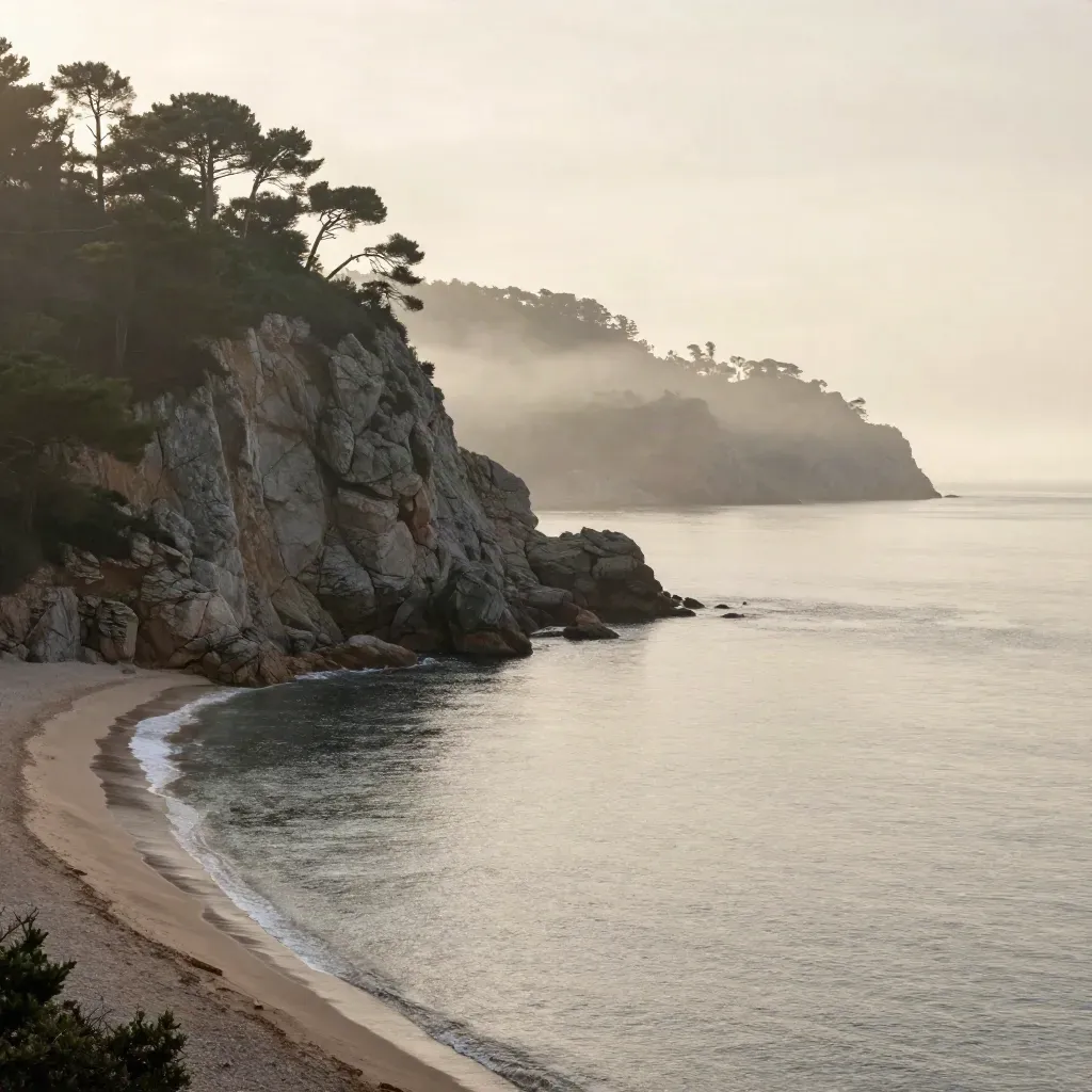 Acantilado oscuro de la Costa Brava con pinos y niebla marina al amanecer.