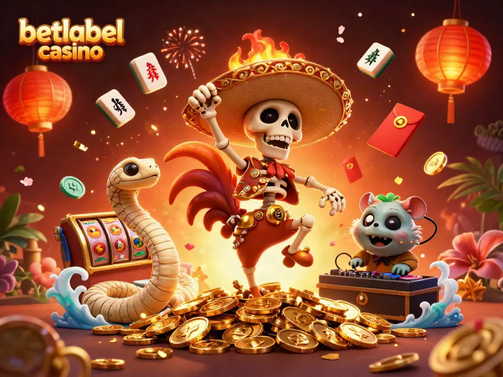 Experience thrilling wins at betlabel casino with our vibrant 3D illustration of festive characters and games.