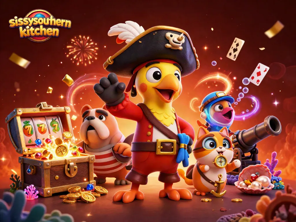 Sissyssouthernkitchen showcases a lively pirate-themed casino scene with animated characters and vibrant slot elements.